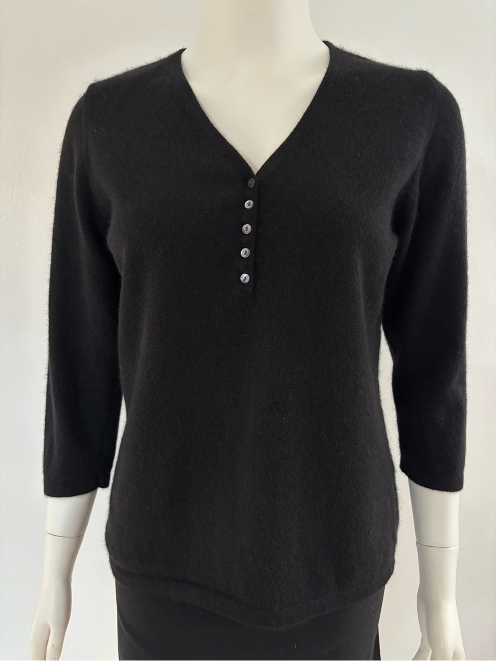 Lord & Taylor 100%Cashmere Black V-Neck Button Pullover Sweater